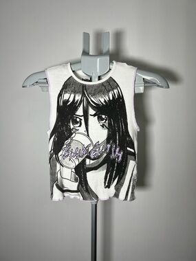 Billie Eilish H&M White Tank Top with Black Anime Graphic and Lavender Trim
